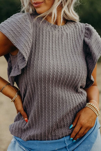 Sleet Solid Color Textured Flutter Sleeve Top - Love Salve 