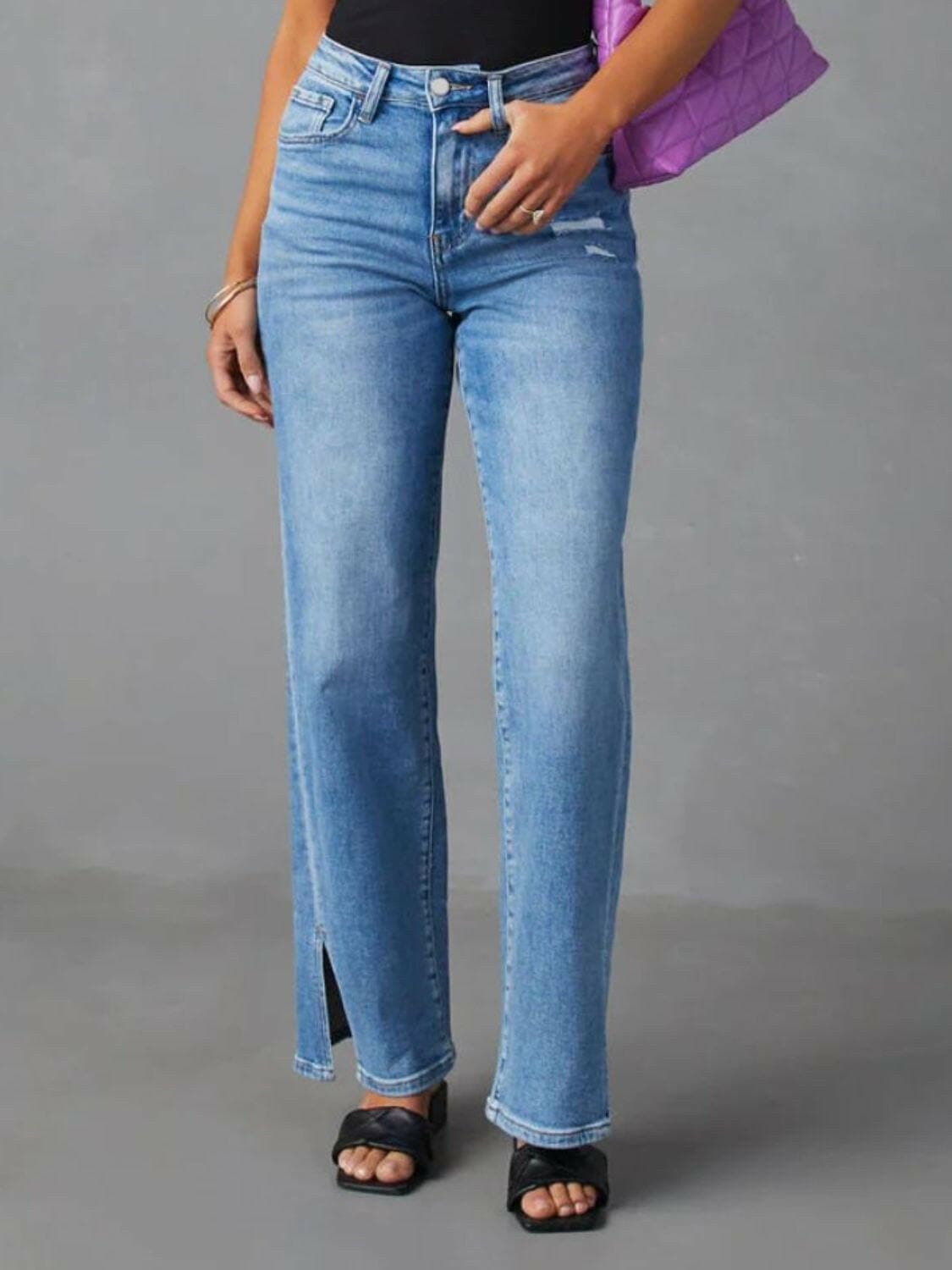 Slit Buttoned Jeans with Pockets - Love Salve