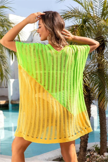 Vibrant V-Neck Sheer Cover UpVibrant V-Neck Sheer Cover Up
 Upgrade your beach look with the Vibrant V-Neck Sheer Cover Up! Embrace sheer elegance and channel your inner goddess with its slit shLove Salve -Neck Sheer Coverswimwear