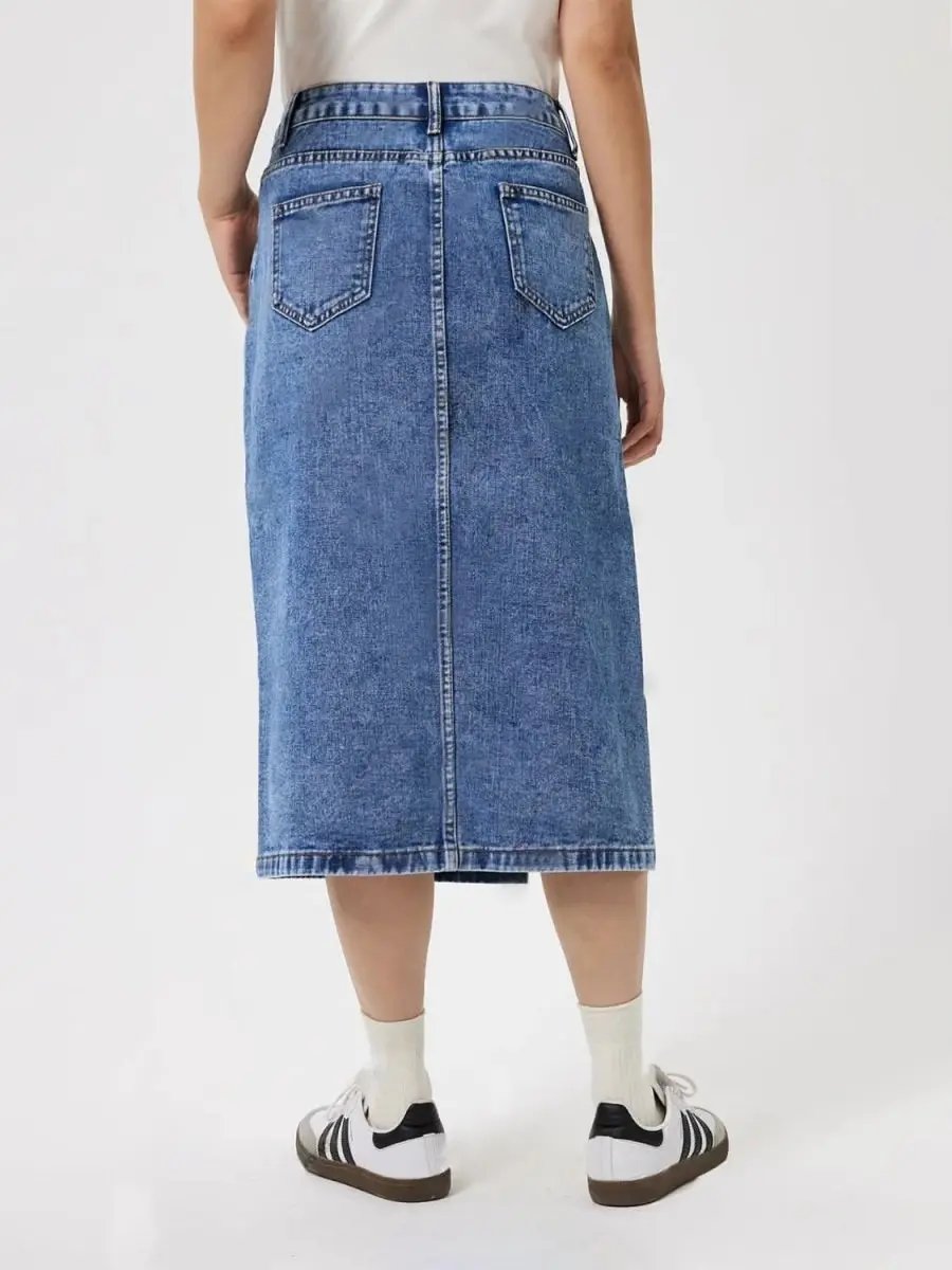Slit Midi Denim Skirt with Pockets - Love Salve 
