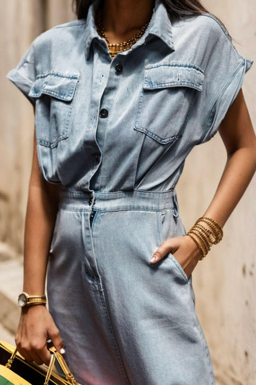 Slit Pocketed Half Button Denim Dress - Love Salve