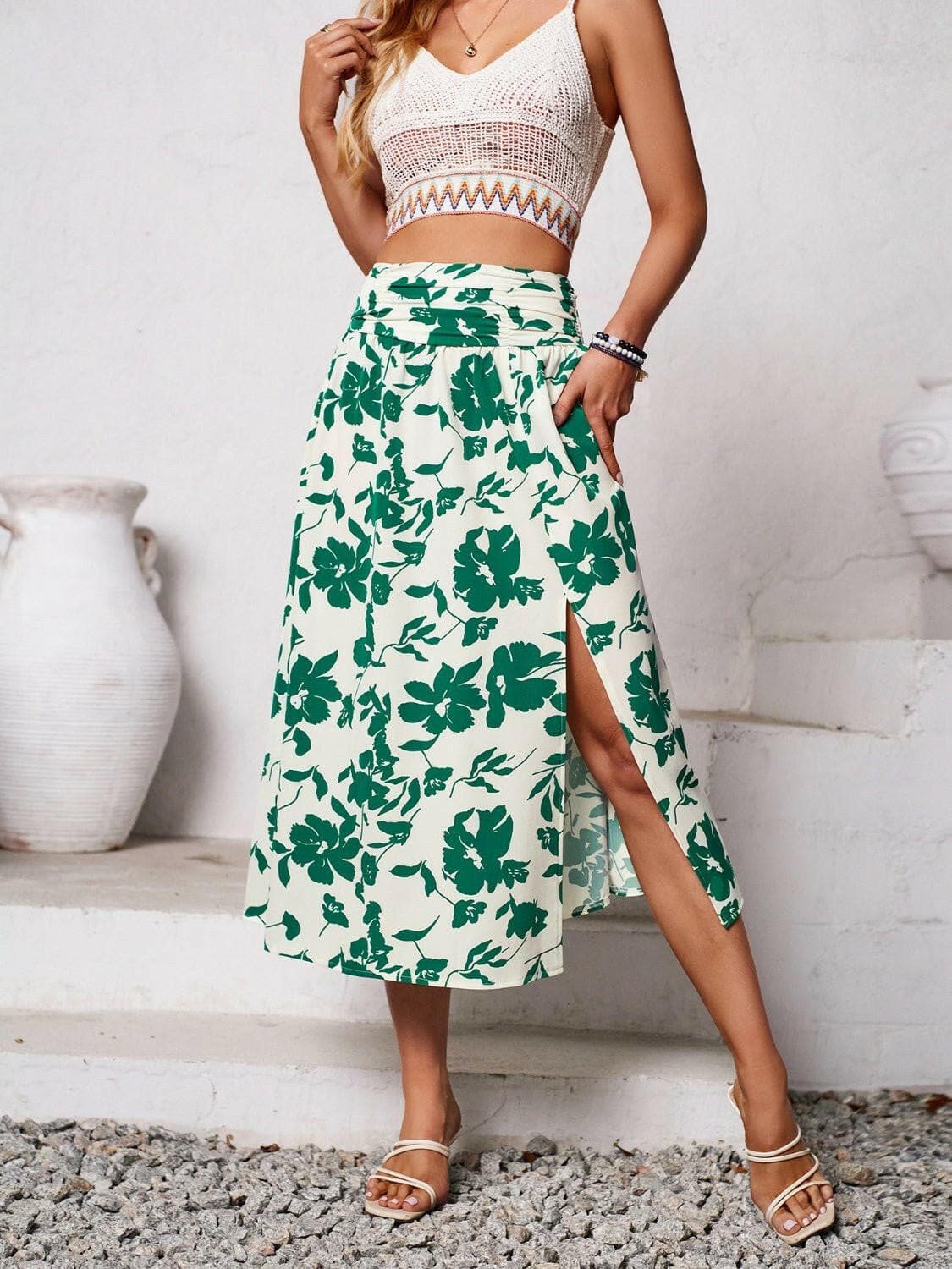 Slit Printed Midi Skirt - Love Salve