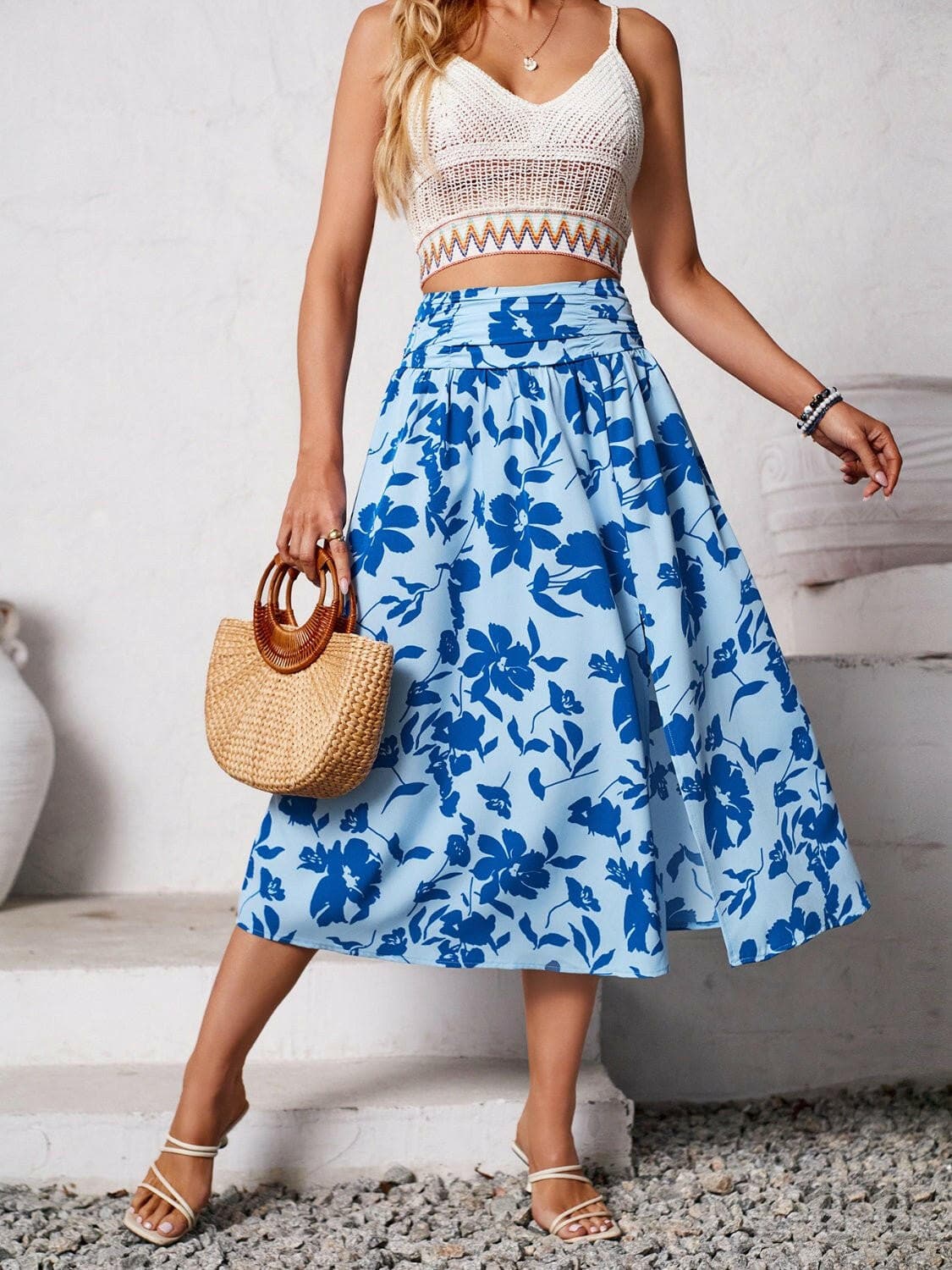 Slit Printed Midi Skirt - Love Salve