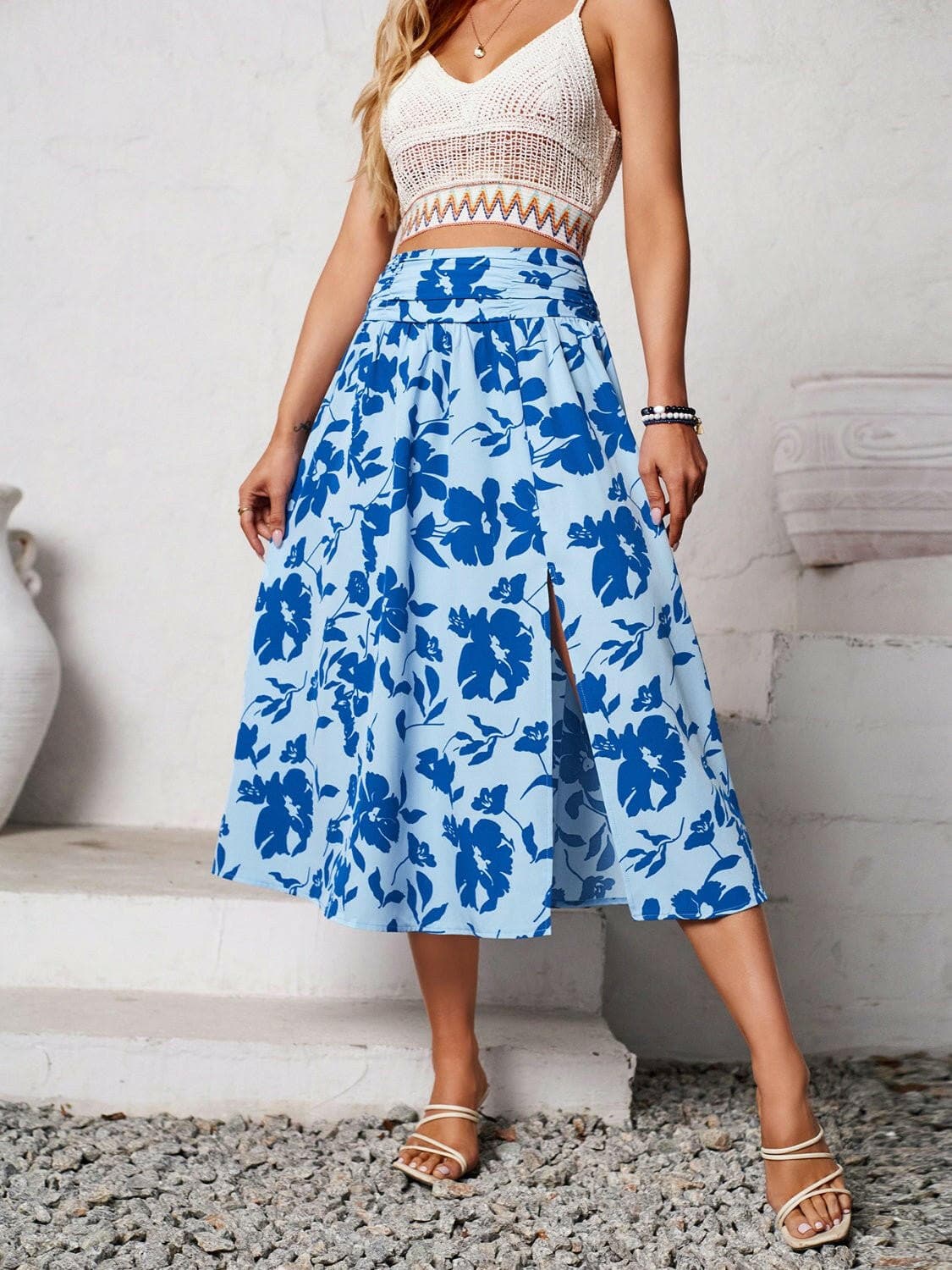 Slit Printed Midi Skirt - Love Salve