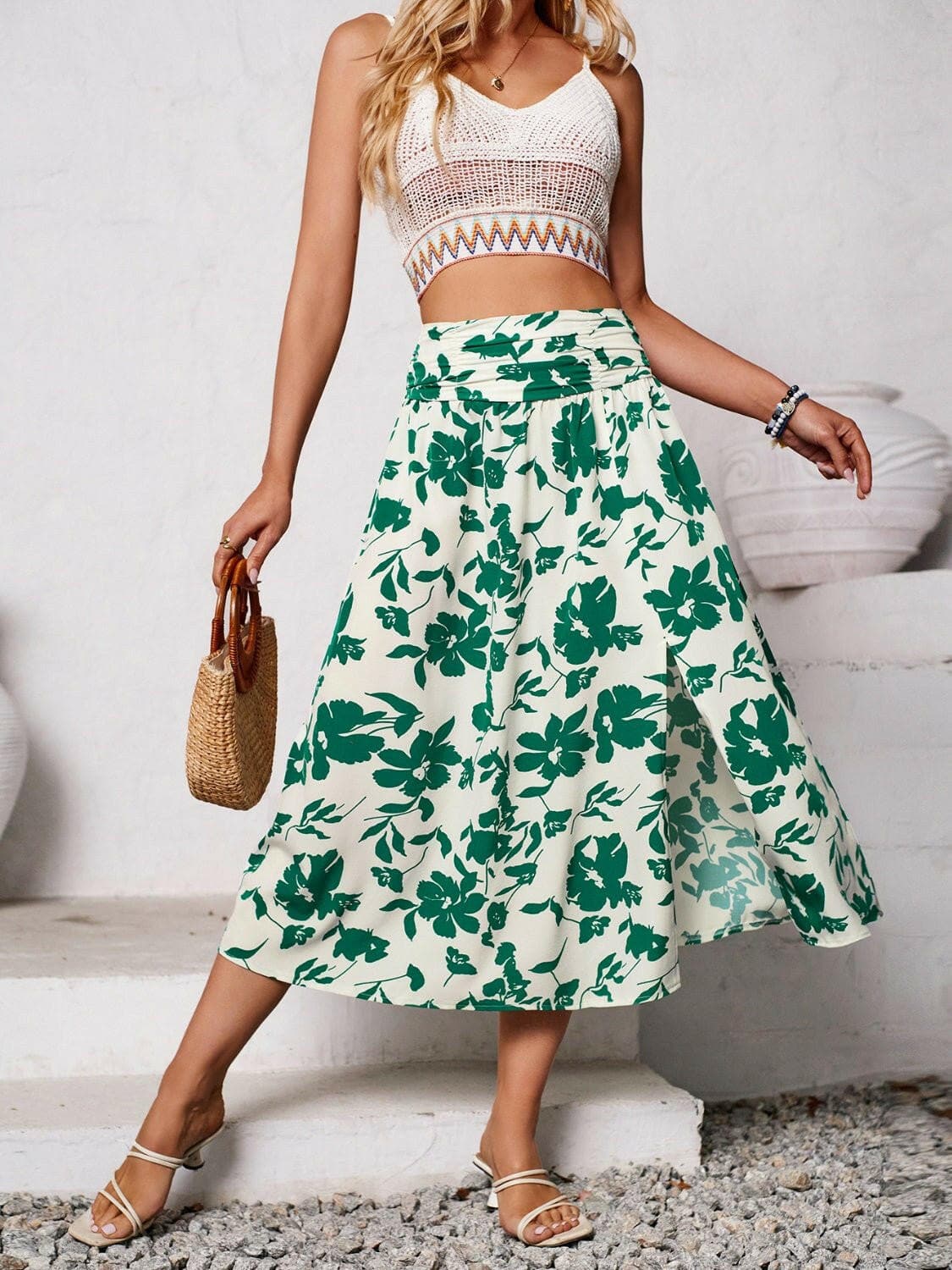 Slit Printed Midi Skirt - Love Salve