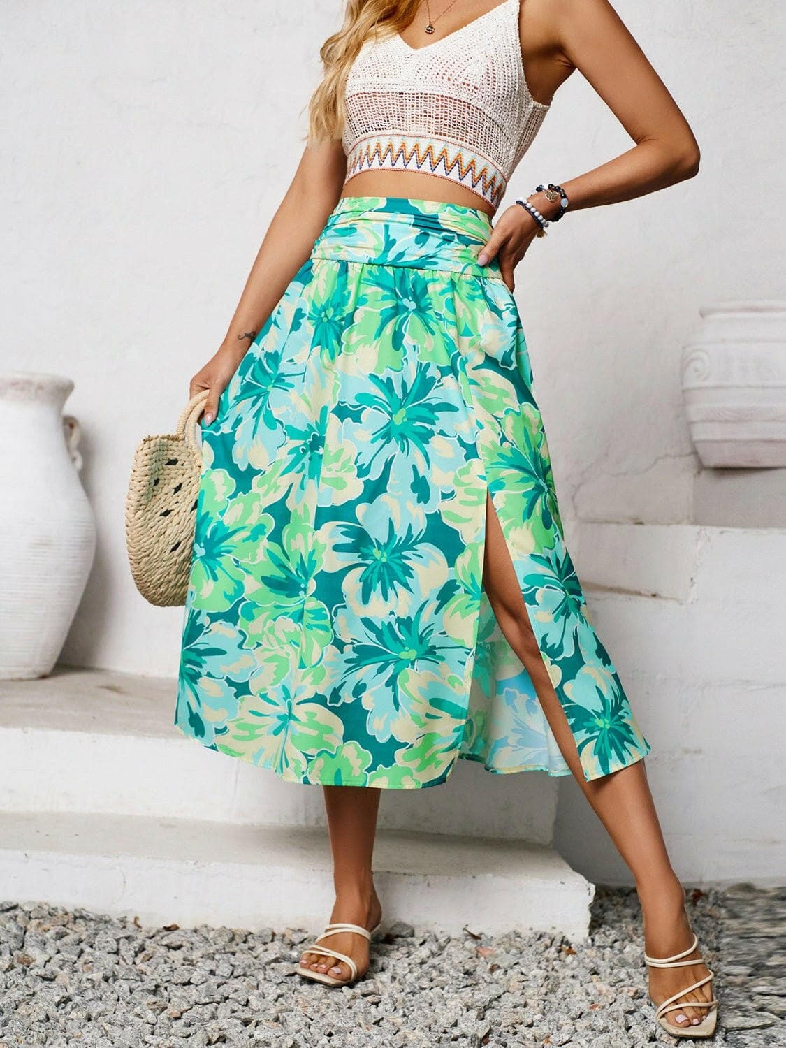 Slit Printed Midi Skirt - Love Salve