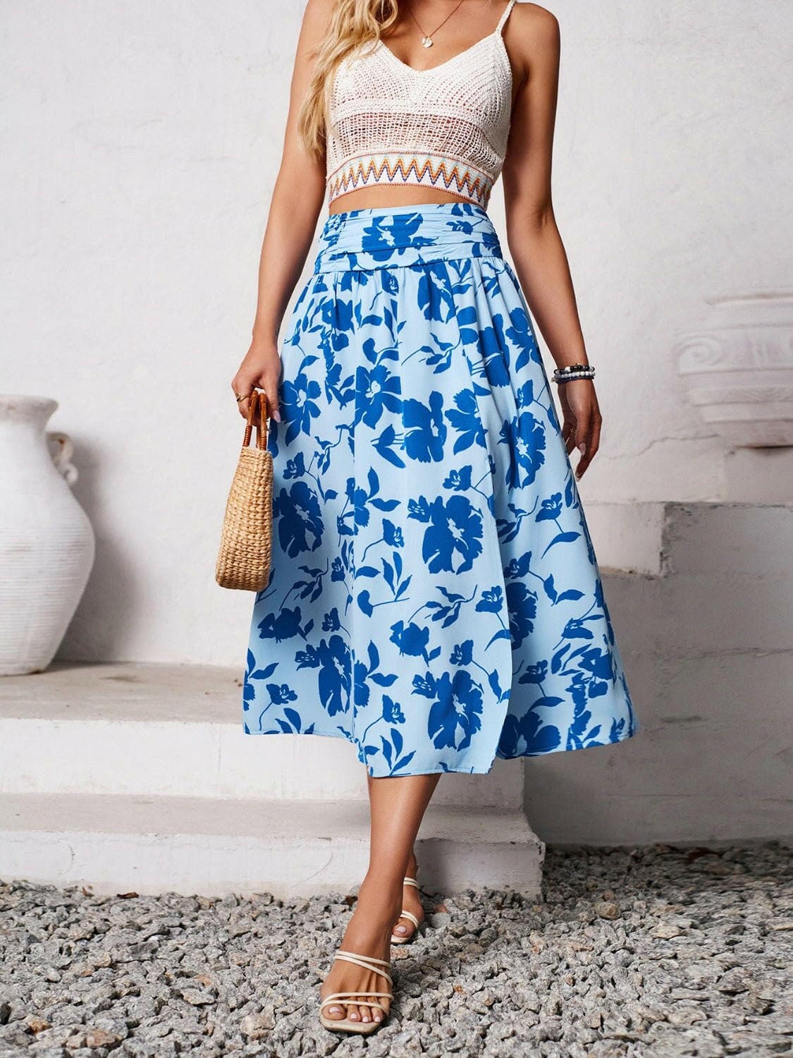 Slit Printed Midi Skirt - Love Salve