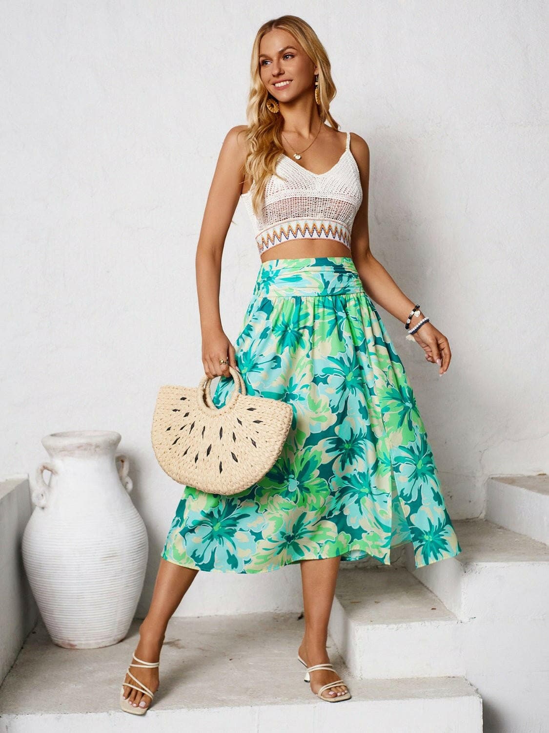 Slit Printed Midi Skirt - Love Salve