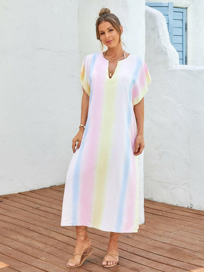 Slit Striped Notched Short Sleeve Cover Up - Love Salve