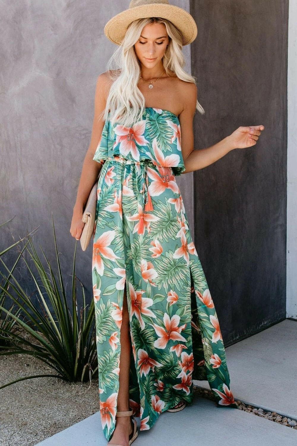 Slit Tropical Sleeveless Tube Dress - Love Salve