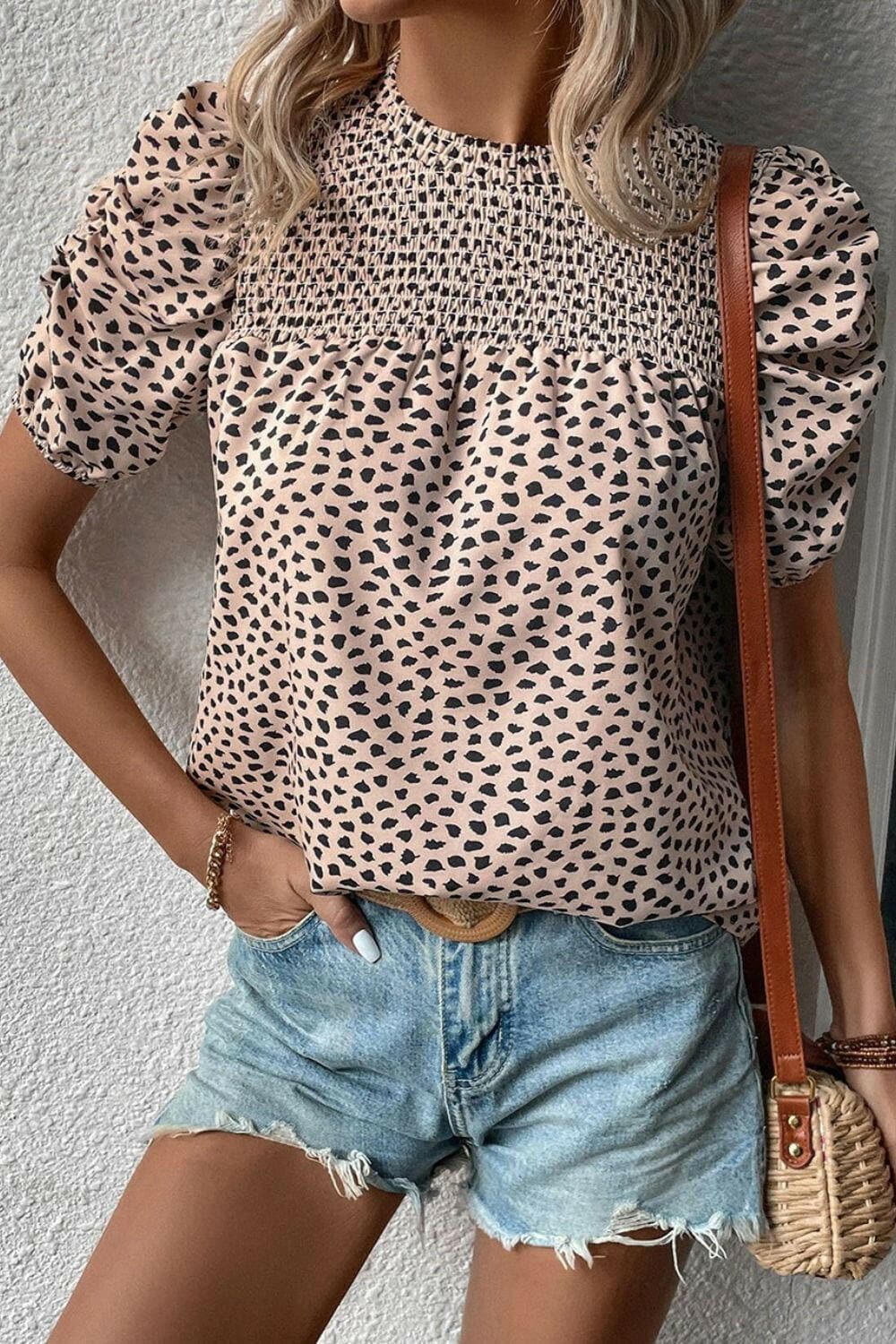 Smocked Animal Print Puff Sleeve Blouse - Love Salve