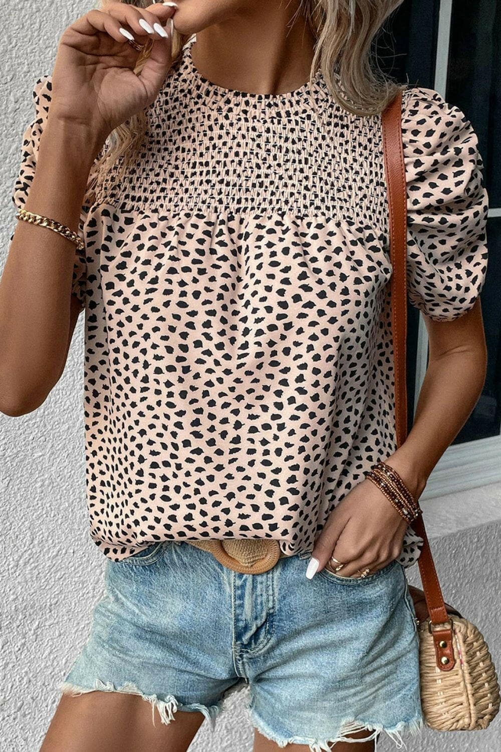 Smocked Animal Print Puff Sleeve Blouse - Love Salve