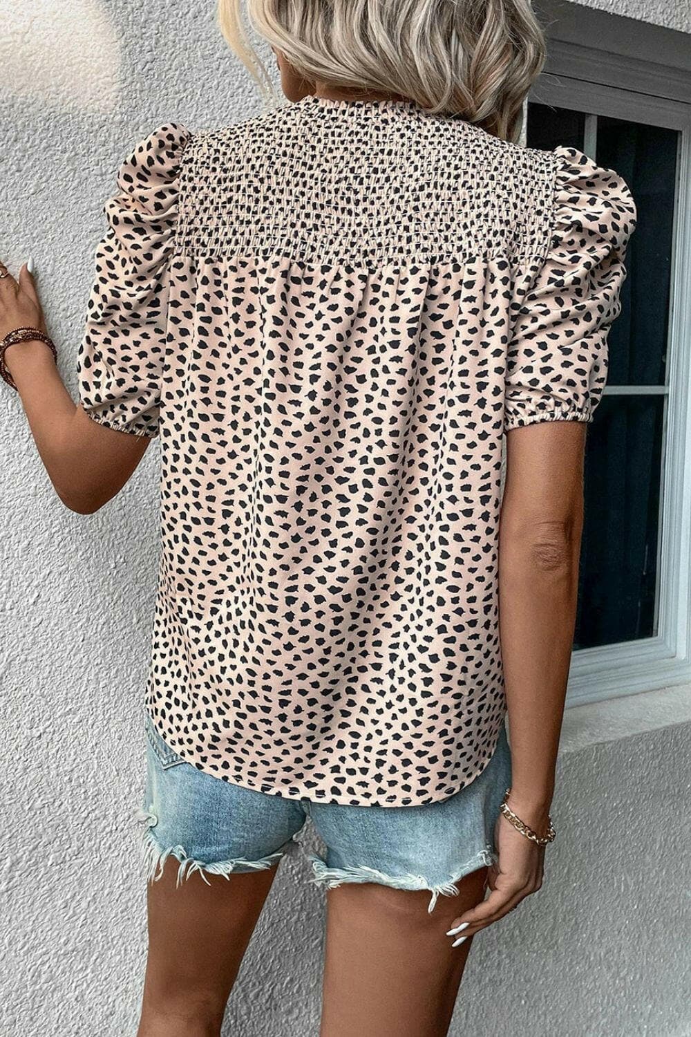 Smocked Animal Print Puff Sleeve Blouse - Love Salve