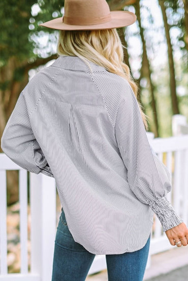 Smocked Cuffed Striped Boyfriend Shirt with Pocket - Love Salve 