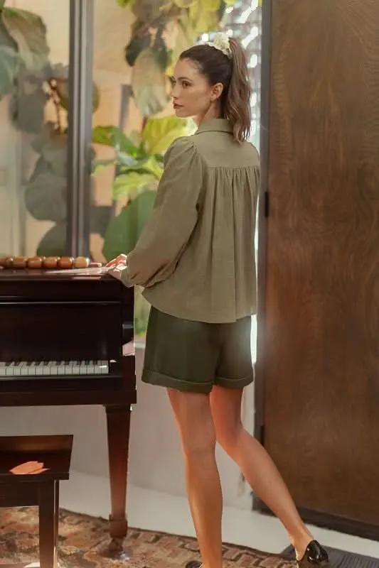 Smocked Front Babydoll Blouse with Long Sleeves - Love Salve 