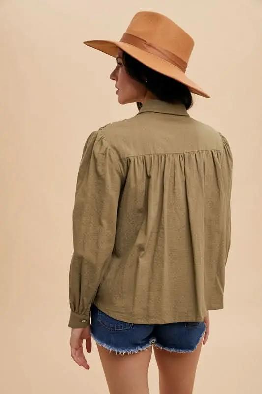 Smocked Front Babydoll Blouse with Long Sleeves - Love Salve 