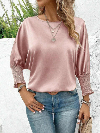 Smocked Round Neck Three-Quarter Sleeve Blouse - Love Salve