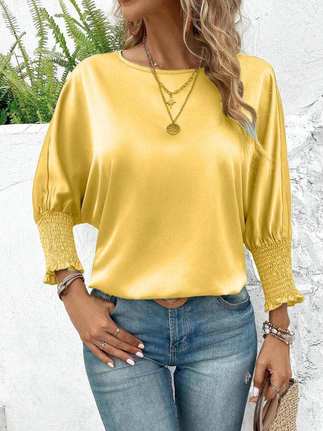 Smocked Round Neck Three-Quarter Sleeve Blouse - Love Salve