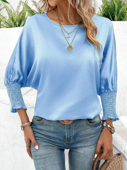 Smocked Round Neck Three-Quarter Sleeve Blouse - Love Salve