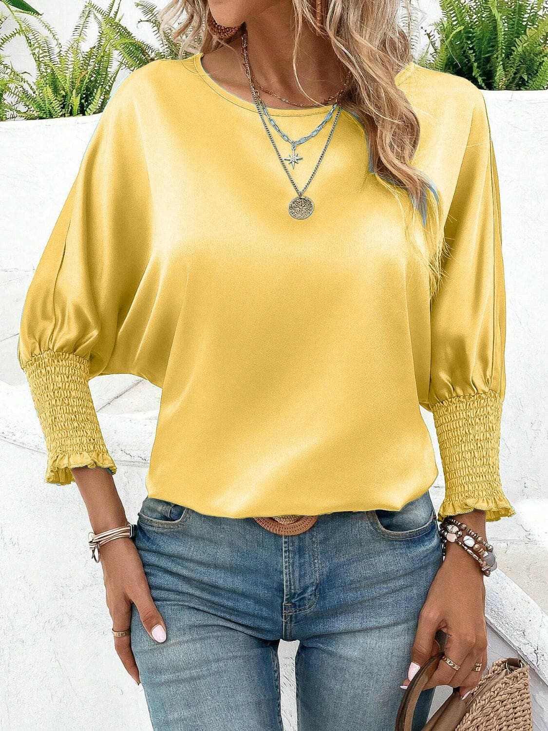 Smocked Round Neck Three-Quarter Sleeve Blouse - Love Salve