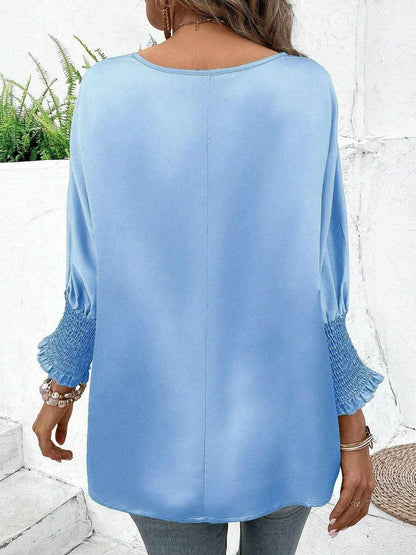 Smocked Round Neck Three-Quarter Sleeve Blouse - Love Salve