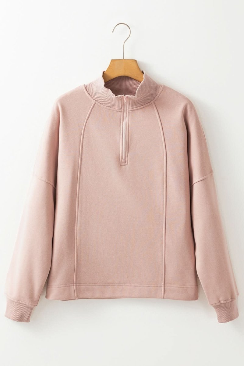 Smoke Gray Zipped Neck Pullover Drop Shoulder Sweatshirt - Love Salve 