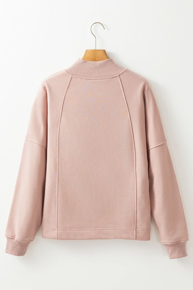 Smoke Gray Zipped Neck Pullover Drop Shoulder Sweatshirt - Love Salve 