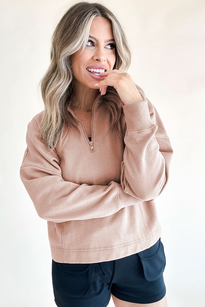Smoke Gray Zipped Neck Pullover Drop Shoulder Sweatshirt - Love Salve 