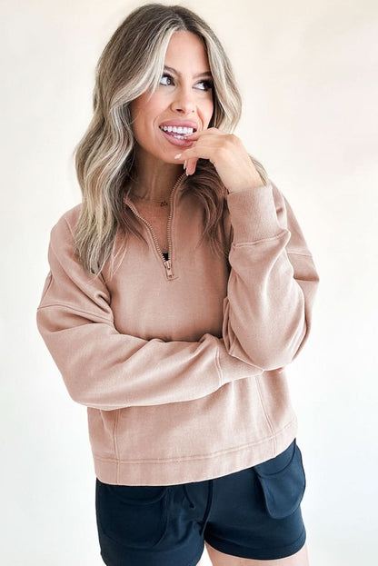 Smoke Gray Zipped Neck Pullover Drop Shoulder Sweatshirt - Love Salve 