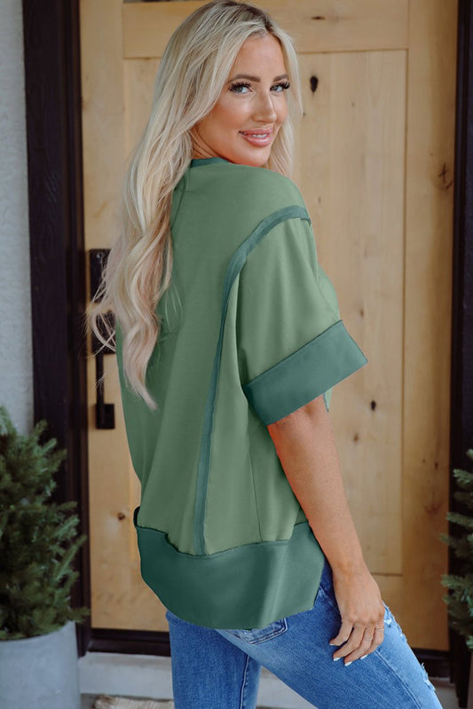 Smoke Green Half Sleeve Raw Seam High Low Side Split Top - Love Salve 