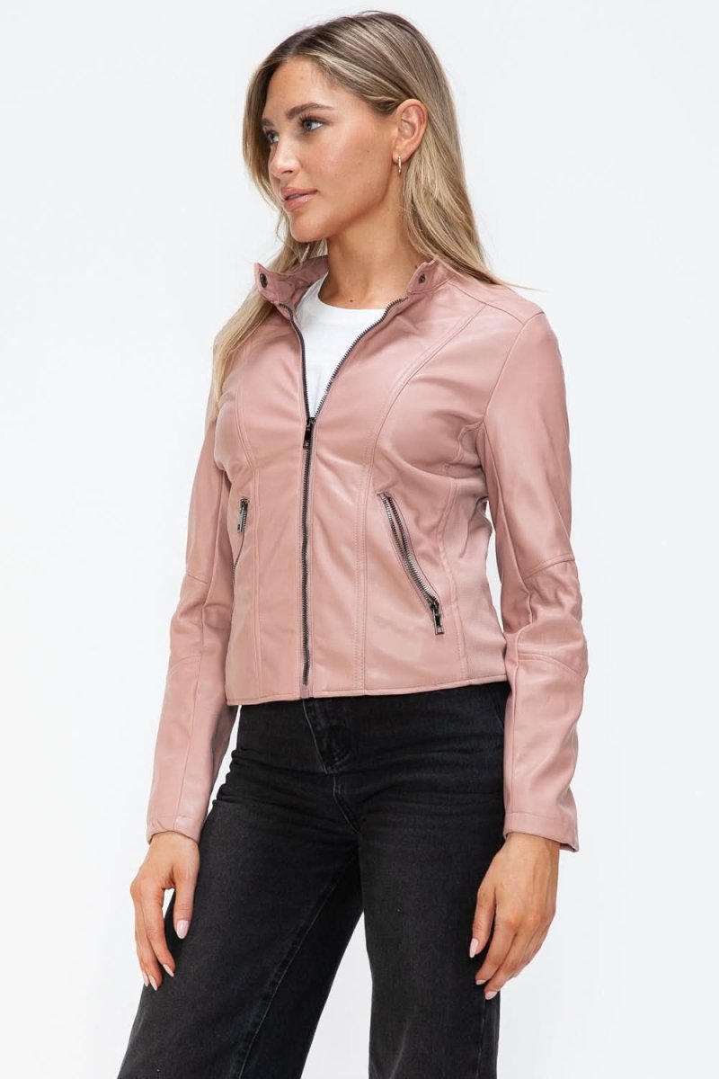 Snobbish Faux Leather Zip Up Drawstring Hooded Jacket - Love Salve 