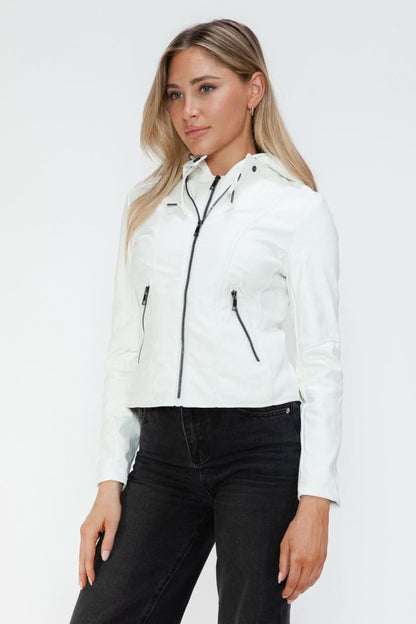 Snobbish Faux Leather Zip Up Drawstring Hooded Jacket - Love Salve 