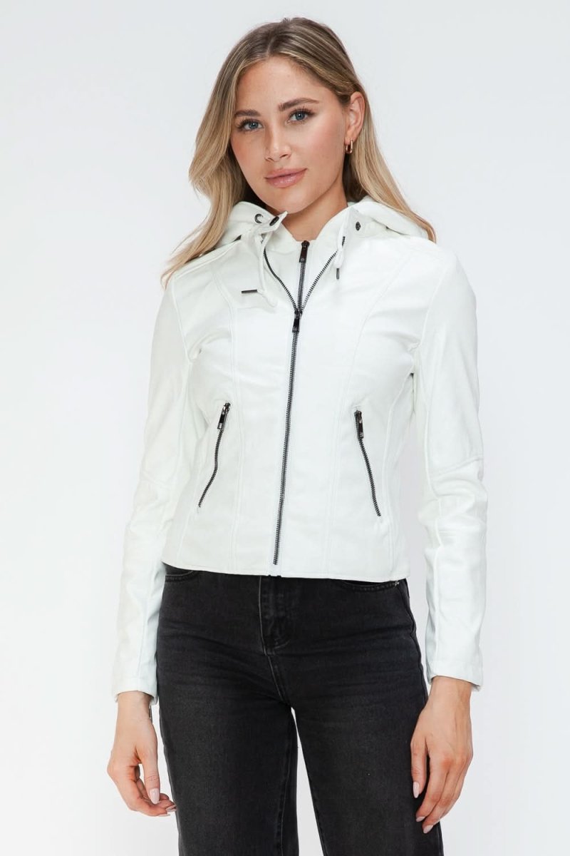 Snobbish Faux Leather Zip Up Drawstring Hooded Jacket - Love Salve 