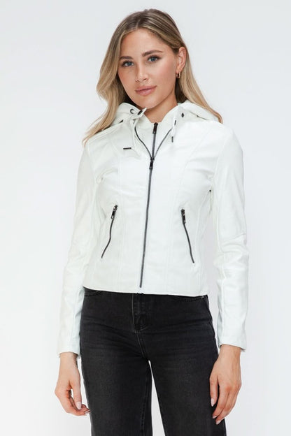 Snobbish Faux Leather Zip Up Drawstring Hooded Jacket - Love Salve 