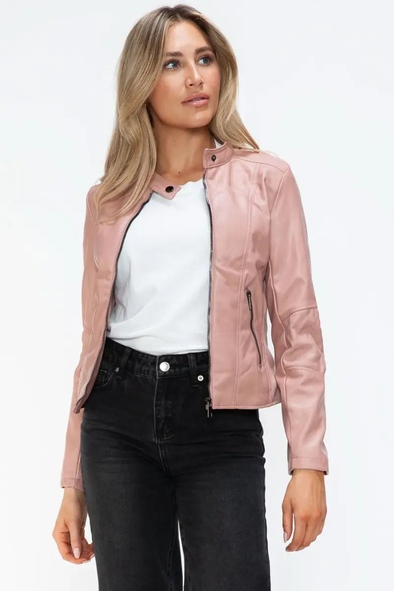 Snobbish Faux Leather Zip Up Drawstring Hooded Jacket - Love Salve 