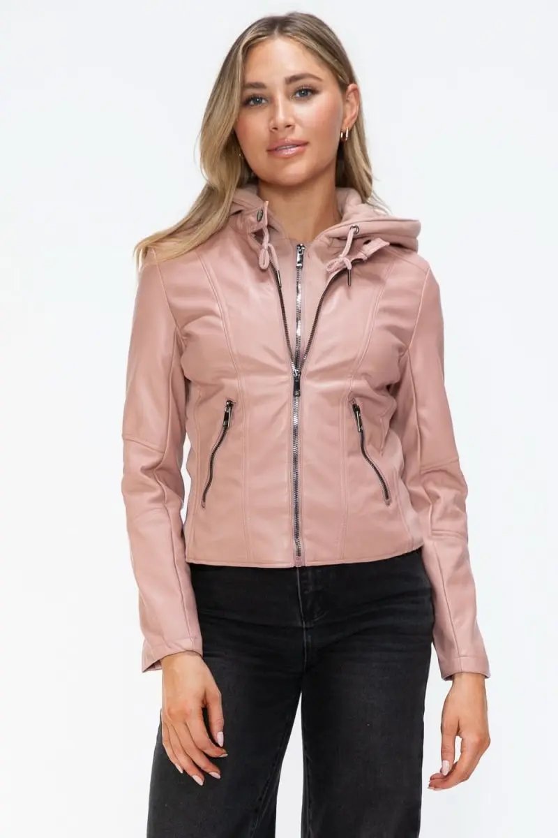 Snobbish Faux Leather Zip Up Drawstring Hooded Jacket - Love Salve 