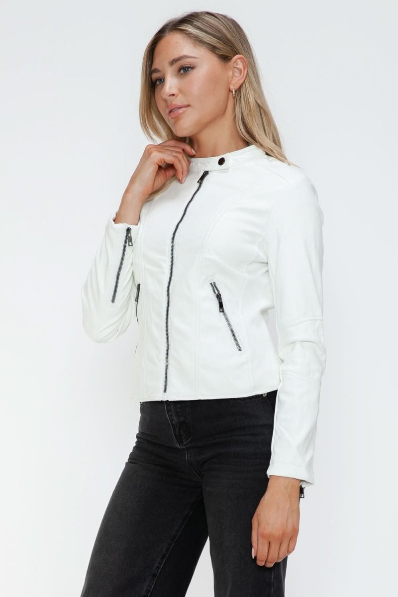 Snobbish Faux Leather Zip Up Drawstring Hooded Jacket - Love Salve 