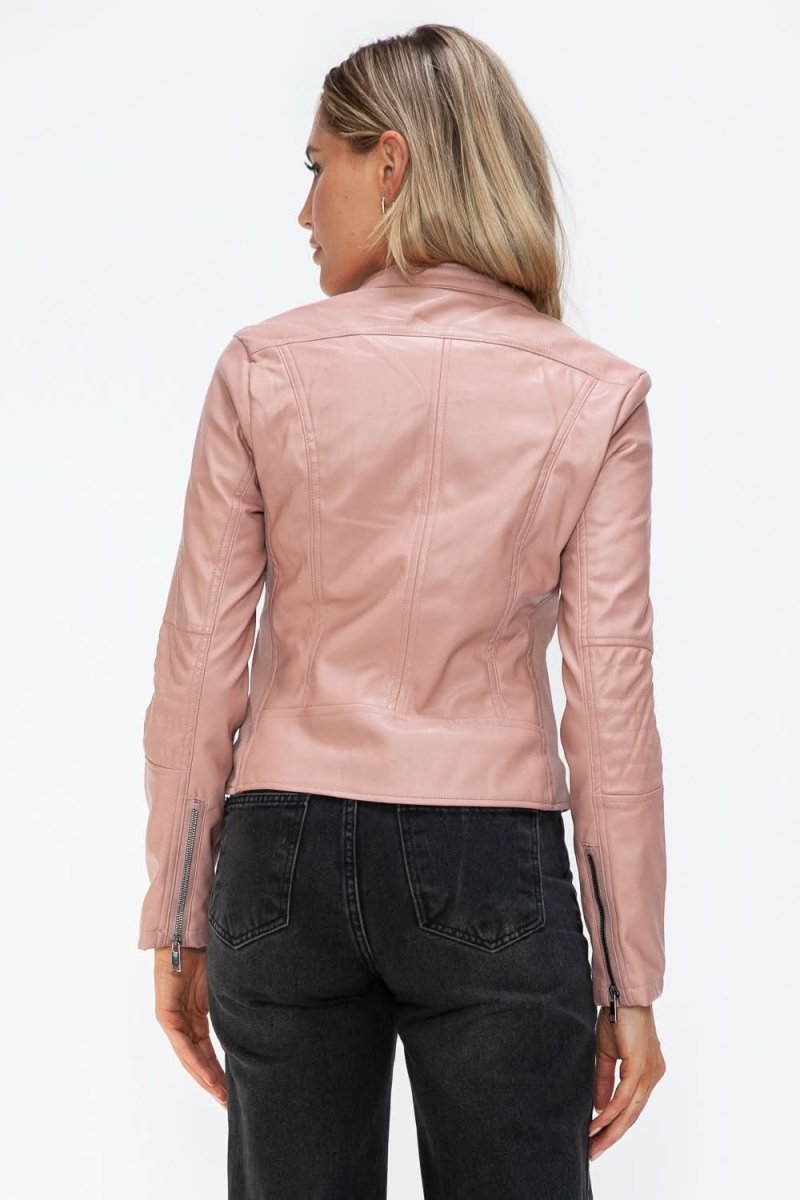 Snobbish Faux Leather Zip Up Drawstring Hooded Jacket - Love Salve 