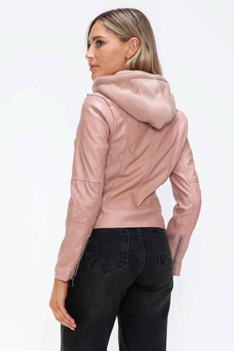 Snobbish Faux Leather Zip Up Drawstring Hooded Jacket - Love Salve 