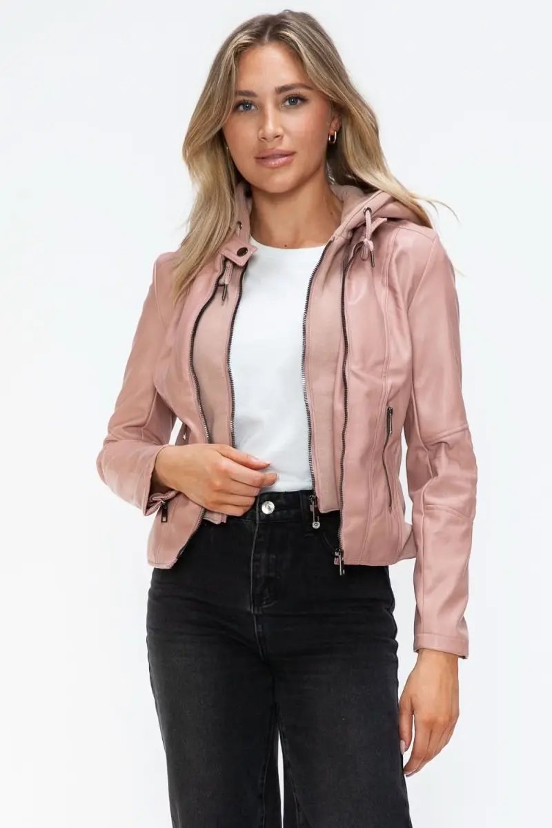 Snobbish Faux Leather Zip Up Drawstring Hooded Jacket - Love Salve 