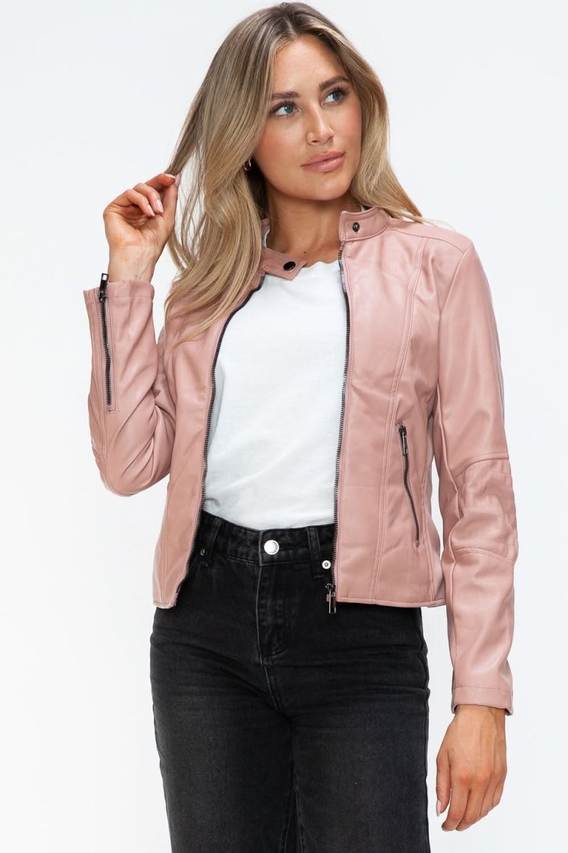 Snobbish Faux Leather Zip Up Drawstring Hooded Jacket - Love Salve 