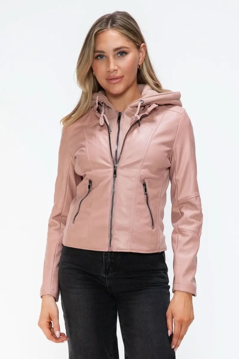 Snobbish Faux Leather Zip Up Drawstring Hooded Jacket - Love Salve 