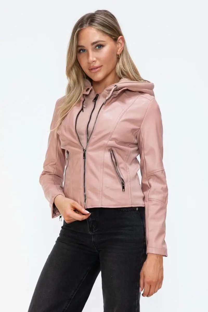 Snobbish Faux Leather Zip Up Drawstring Hooded Jacket - Love Salve 