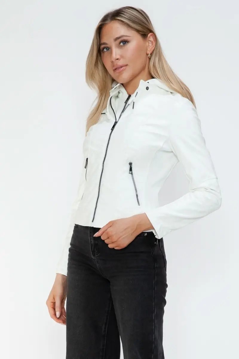 Snobbish Faux Leather Zip Up Drawstring Hooded Jacket - Love Salve 