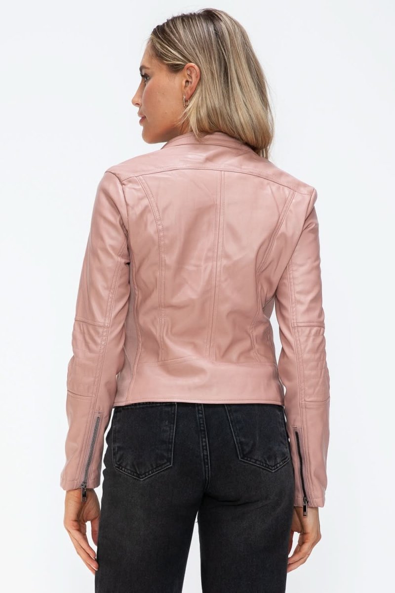 Snobbish Faux Leather Zip Up Drawstring Hooded Jacket - Love Salve 