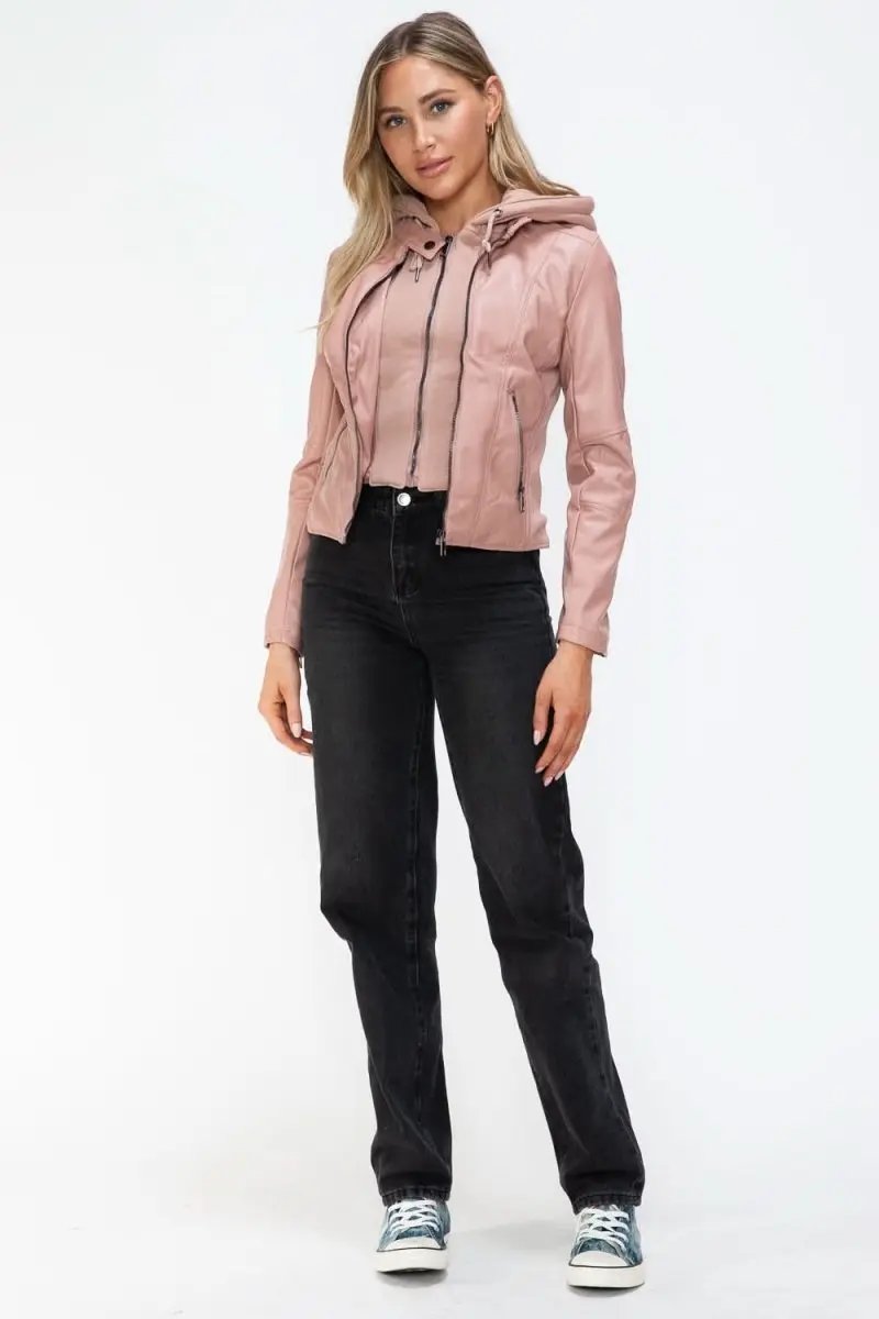 Snobbish Faux Leather Zip Up Drawstring Hooded Jacket - Love Salve 