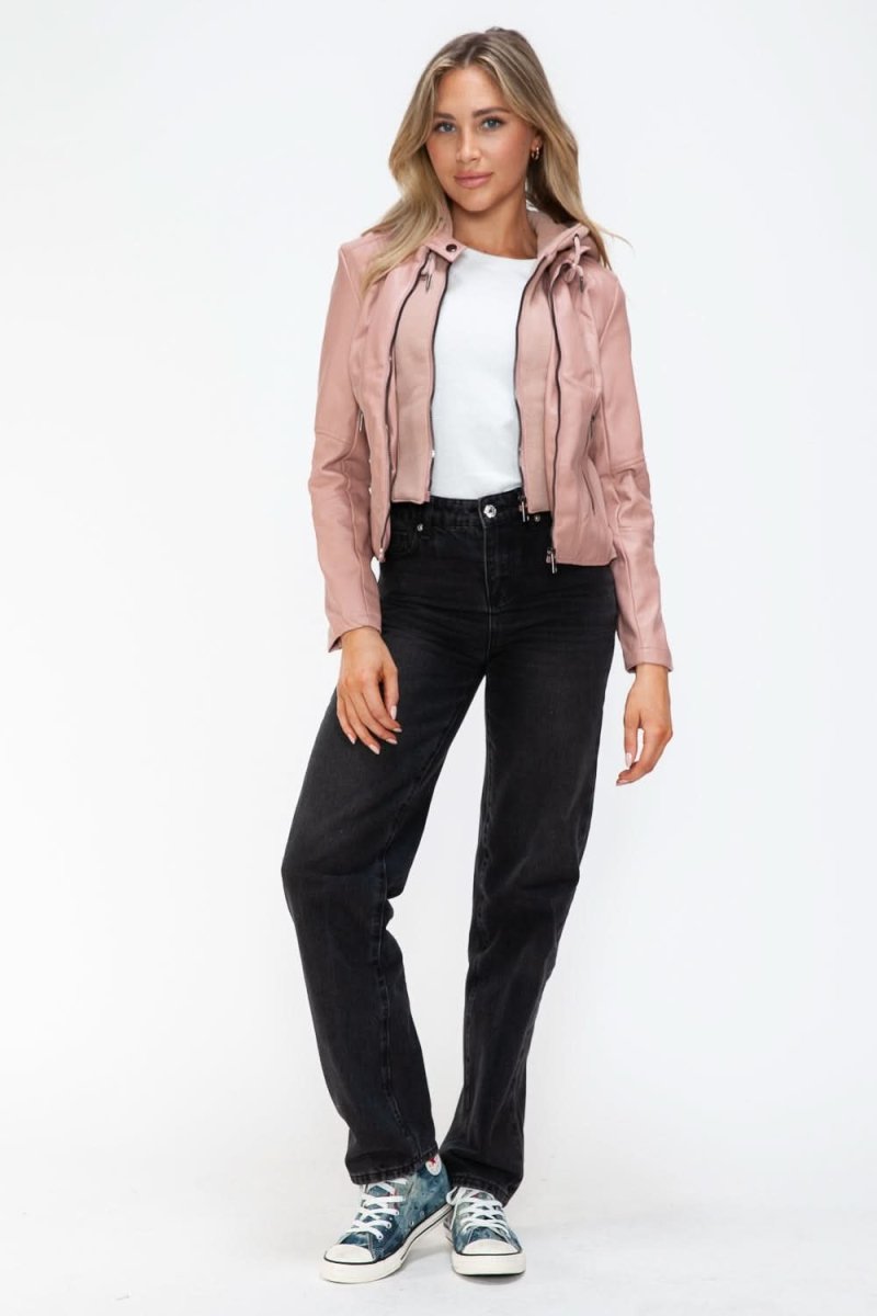 Snobbish Faux Leather Zip Up Drawstring Hooded Jacket - Love Salve 