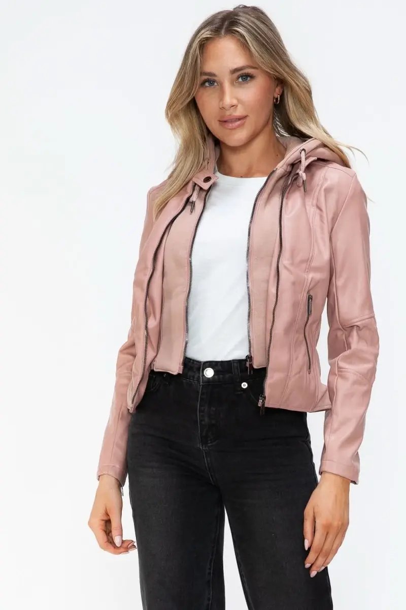 Snobbish Faux Leather Zip Up Drawstring Hooded Jacket - Love Salve 
