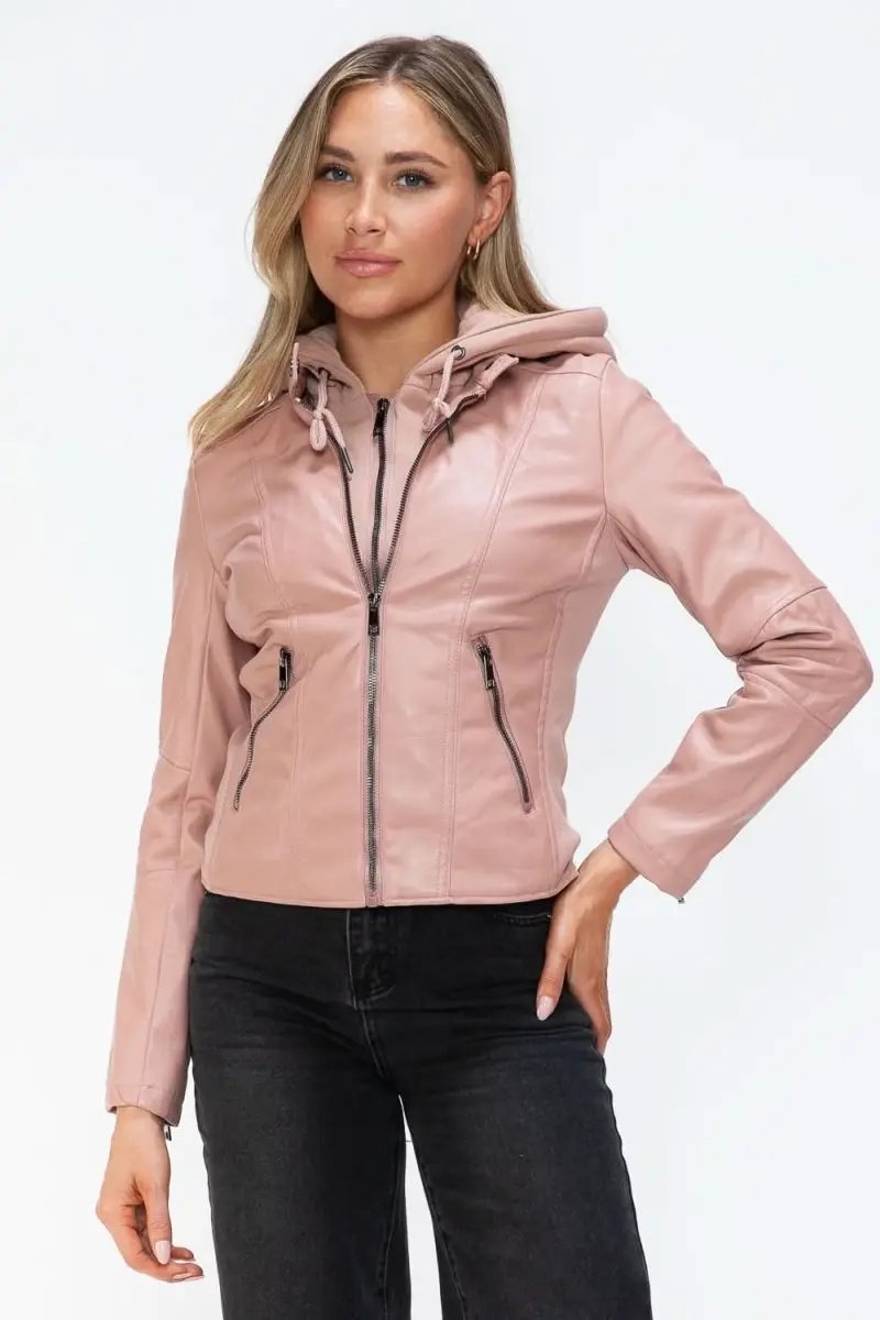 Snobbish Faux Leather Zip Up Drawstring Hooded Jacket - Love Salve 