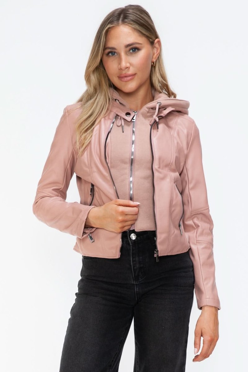 Snobbish Faux Leather Zip Up Drawstring Hooded Jacket - Love Salve 